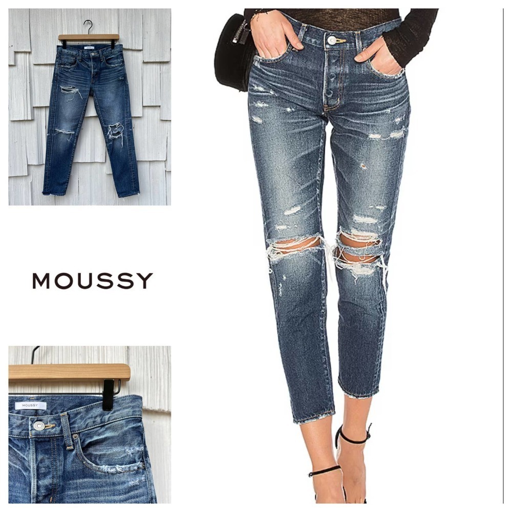 Moussy Blue Distressed Straight Leg Jeans
